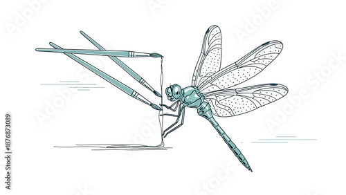Dragonfly Creates Art With Paintbrushes In Blue Hue On White Canvas