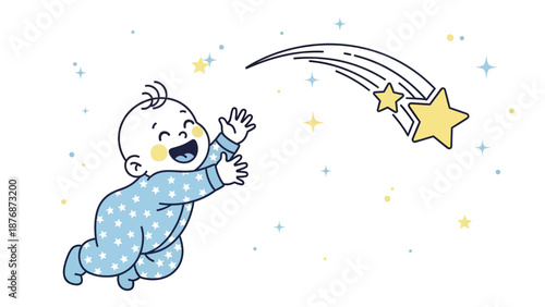Dreamy Child Reaching For Shooting Star With Glee Vector Illustration