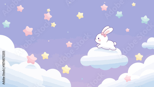 Dreamy Cloudscape With Playful Bunny Among Pastel Stars And Sky Illustration