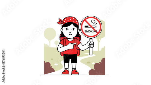 Determined Youngster Promotes No Smoking Policy In A Verdant Outdoor Environment
