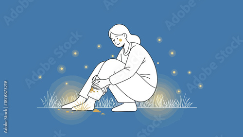 Dreamy Evening Scene With Contemplative Young Woman And Glowing Fireflies