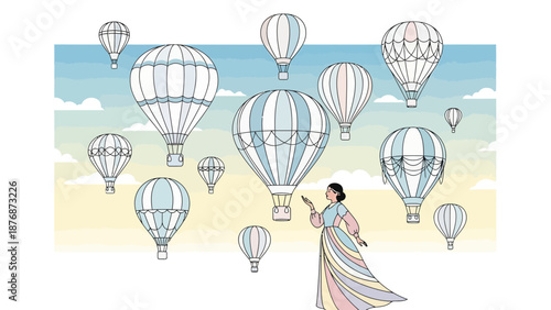 Dreamy Flight A Woman Admires Hot Air Balloons In A Pastel Sky Scape