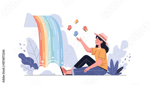 Dreamy Illustration Of A Girl Admiring Butterflies Near A Rainbow Waterfall