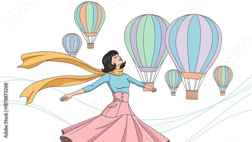 Dreamy Girl Standing Amidst Balloons: A Whimsical Fantasy On The Sky