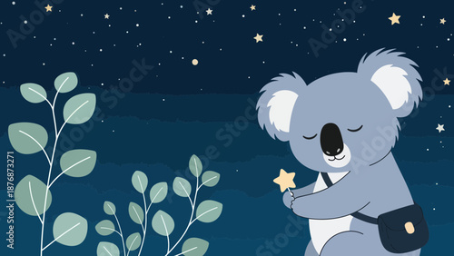 Dreamy Koala Gazing At The Stars With Decorative Leaves On A Starry Night