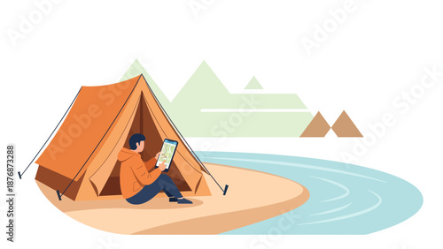 Digital Nomad Finding His Way At A Riverside Campground Using Navigation App