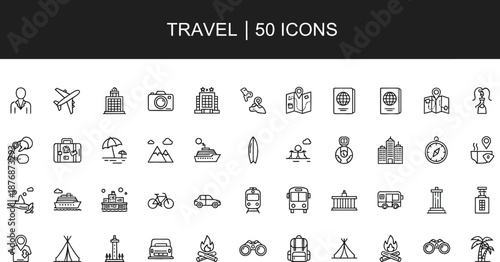 Travel icons set with various symbols and landmarks