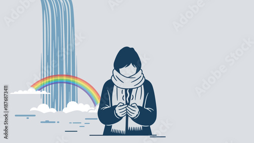 Dreamy Scenery And Serene Figure Against A Waterfall And Rainbow Backdrop