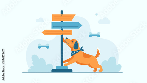 Directional Dilemma: A Canine Seeks New Adventures at the Crossroads Sign