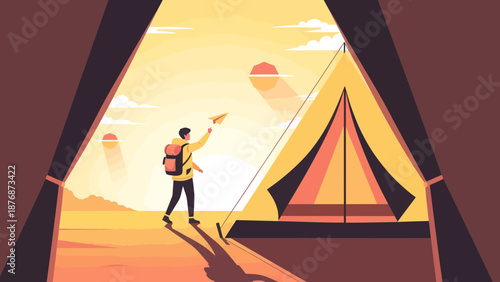Dreamy Vacation Concept With Happy Man Launching Paper Airplane Near Camp