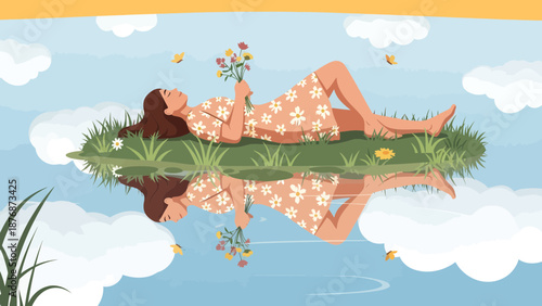 Dreamy Reflection Of Young Woman Enjoying Peace Nature With Flowers