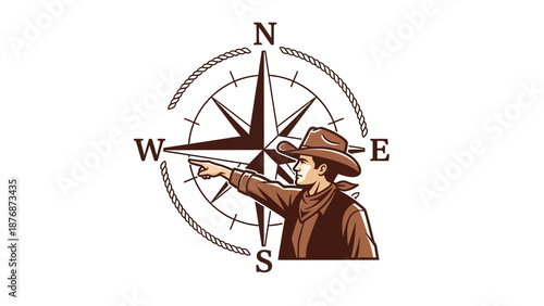Directional Guidance Cowboy With Compass Rose Illustrating Western Exploration