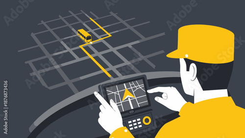 Driver Navigating Bus Route With GPS Device On Dashboard For Effective Transport