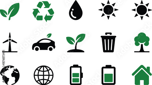 Eco friendly icons including recycling symbol leaf and solar sun on transparent background high-quality professional detailed modern elegant