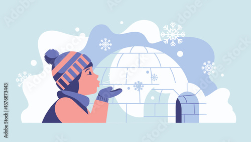 Dreamy Winter Scene Girl Blowing Snowflakes Near Igloo Illustration
