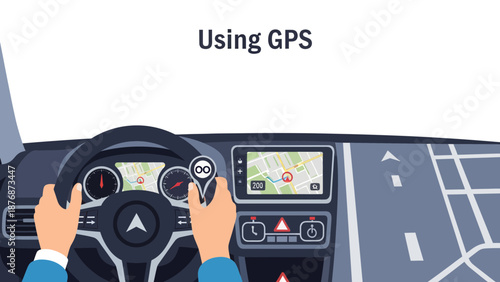 Driver Navigating With Gps Device Car Interior View Technology Modern Assistance