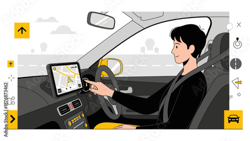 Driver Using Navigation App in Car For Autonomous Driving Experience Or Roadtrip