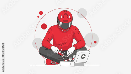 Driver Providing First Aid After Competition Cartoon Illustration Minimalist Style