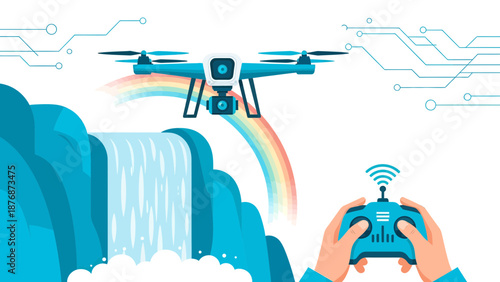 Drone Photography Over Waterfall With Rainbow Underneath Technology Illustration