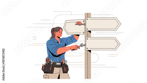 Directional Woman Worker Fixing A Signpost Of Alternative Choices Of Direction