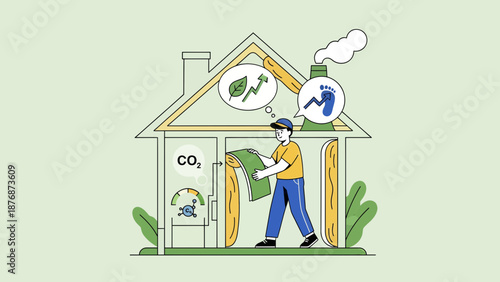 Eco Conscious Home Insulation With Carbon Footprint And Renewable Energy Concept