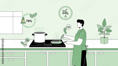 Eco Conscious Cooking For Sustainable Lifestyle In A Minimalist Kitchen Illustration