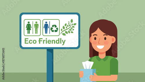 Eco Conscious Woman Using Eco-Friendly Bathroom With Recycled Paper For Environmental Awareness
