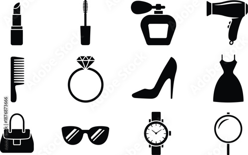 Collection of beauty and fashion icons on transparent background high-quality professional detailed modern elegant stylish clean crisp vibrant