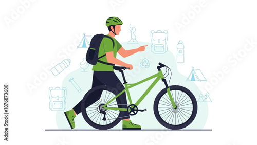 Eco Friendly Adventurer Walking With His Mountain Bike In Nature Scene