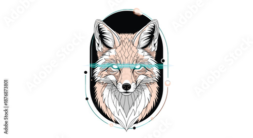 Artistic illustration of a fox head within a dark frame, featuring intricate patterns and bright glowing cyan eyes.