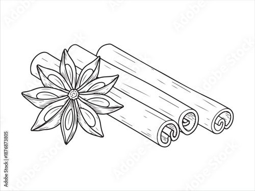 Black and White Illustration of Cinnamon Sticks and Star Anise