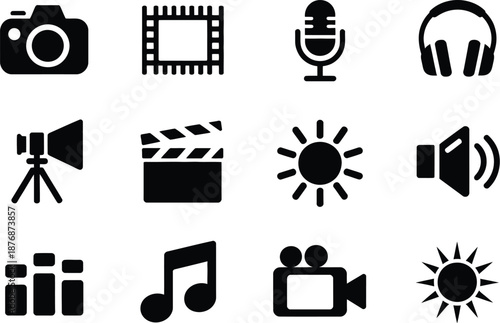 Collection of black media and music icons on transparent background high-quality professional detailed modern elegant stylish clean crisp