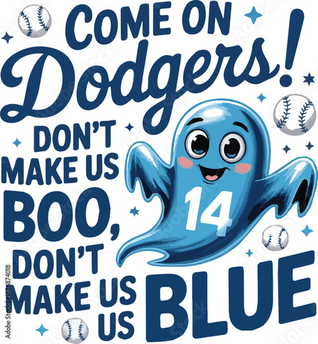 Blue cartoon character with number 14 cheering Dodgers baseball team des