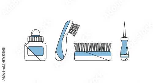 Simple line art set of cleaning or beauty accessories featuring a bottle, two different brushes, and a handle tool.