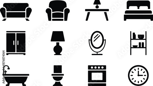 Black silhouettes of various home furniture and appliances on transparent background high-quality professional detailed modern elegant stylish clean
