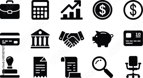 Collection of black and white business finance icons on transparent background high-quality professional detailed modern elegant stylish clean