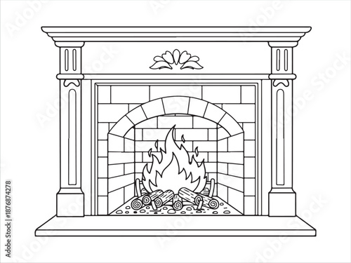 Classic Fireplace Design with Burning Wood Illustration