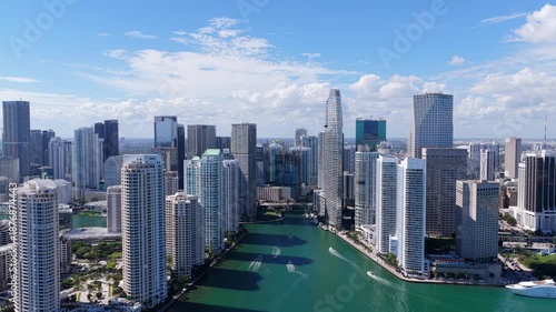 Aerial view. Aerial view of Miami cityscape skyscraper. City skyline aerial cityscape. Brickell Key downtown. Cityscape Miami downtown. Florida modern skyscraper in downtown Miami. Travel destination