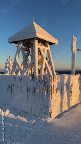 Peace bell on the summit of the Fichtelberg in the Ore Mountains of Saxony 4k