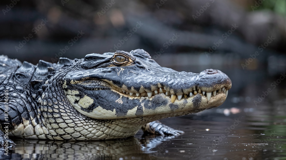 Obraz premium Close-Up Portrait of an Alligator at the Water's Edge with Detailed Scales and Sharp Teeth in its Natural Wetland Habitat for Wildlife Education
