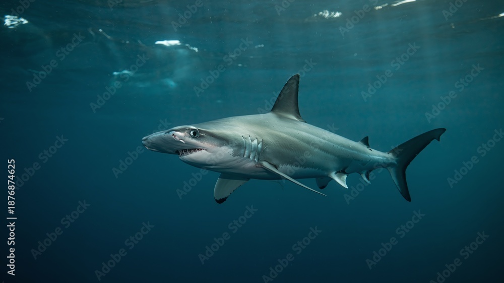 Naklejka premium Hammerhead Shark Swimming Through Deep Blue Ocean Waters with Ethereal Sunlight Rays for Marine Biology and Conservation