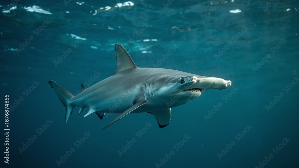 Obraz premium Hammerhead Shark Swimming Through Deep Blue Ocean Waters with Ethereal Sunlight Rays for Marine Biology and Conservation