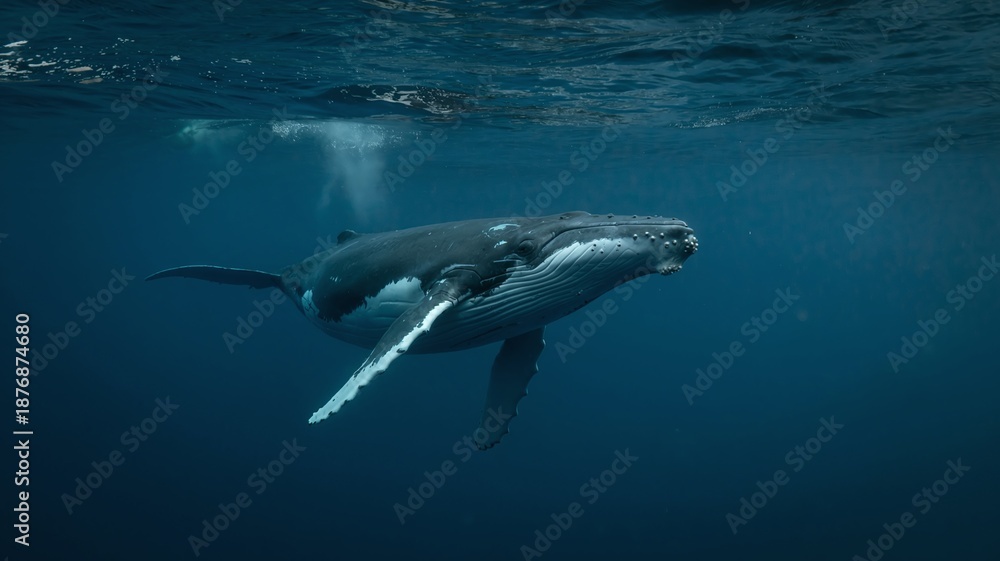 Fototapeta premium Majestic Humpback Whale Swimming in Deep Blue Ocean Water with Beautiful Sunlight Rays Filtering Through the Surface for Marine Life Background