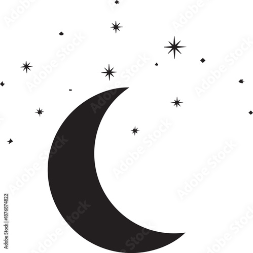 Black crescent moon with scattered stars against a white background