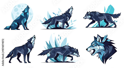 Pack of wolves in various poses including howling and walking depicted in a cool blue low poly geometric design on a white background.