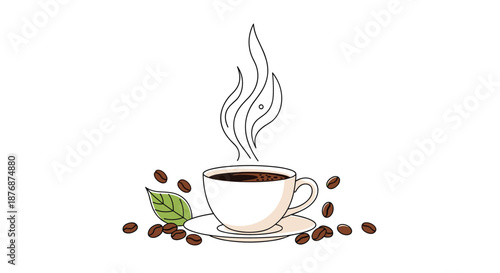 Hot cup of coffee on a saucer with rising steam surrounded by roasted beans and a green leaf in a clean line art illustration style.