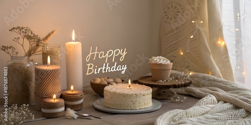 Warm birthday setup, neutral tones, soft candles glow, textured cake, “HAPPY BIRTHDAY” written in thin handwritten font, cozy sophisticated mood