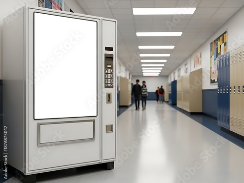 Blank vending machine with a white display in a school hallway