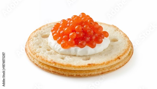 Thin russian blini with red caviar and crme frache on white background, traditional gourmet appetizer closeup