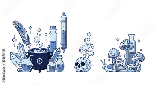 Collection of magical and alchemical elements including a cauldron, potions, crystals, a skull, and mushrooms in blue tones.